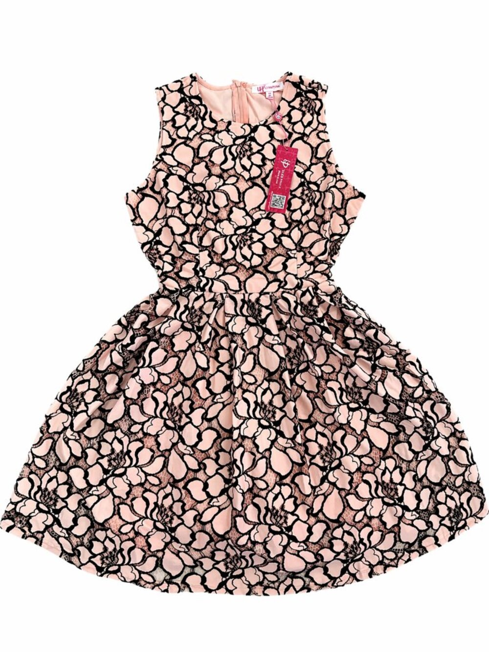 Ultra Pink Lace Dress Size L Pink Black Floral Fit & Flare Mini - Picture 3 of 4